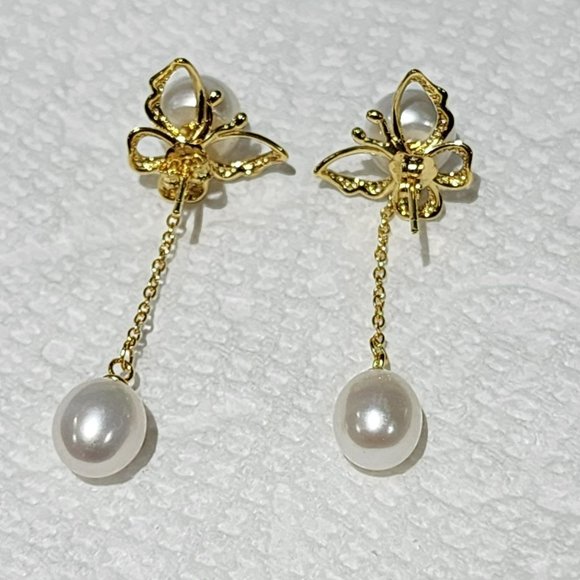White Cultured Freshwater Pearl Dangle Jacket Butterfly Earrings Gold Plated‎ - Picture 9 of 13